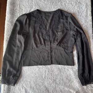 Black Lace Trim V-Neck Button Front Long Sleeve Blouse Puff Shoulder Top